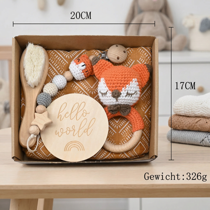 Neugeborenen Geschenkbox – Häkel-Tier Rassel, Holzspielzeug, Musselin Decke & Schnullerkette