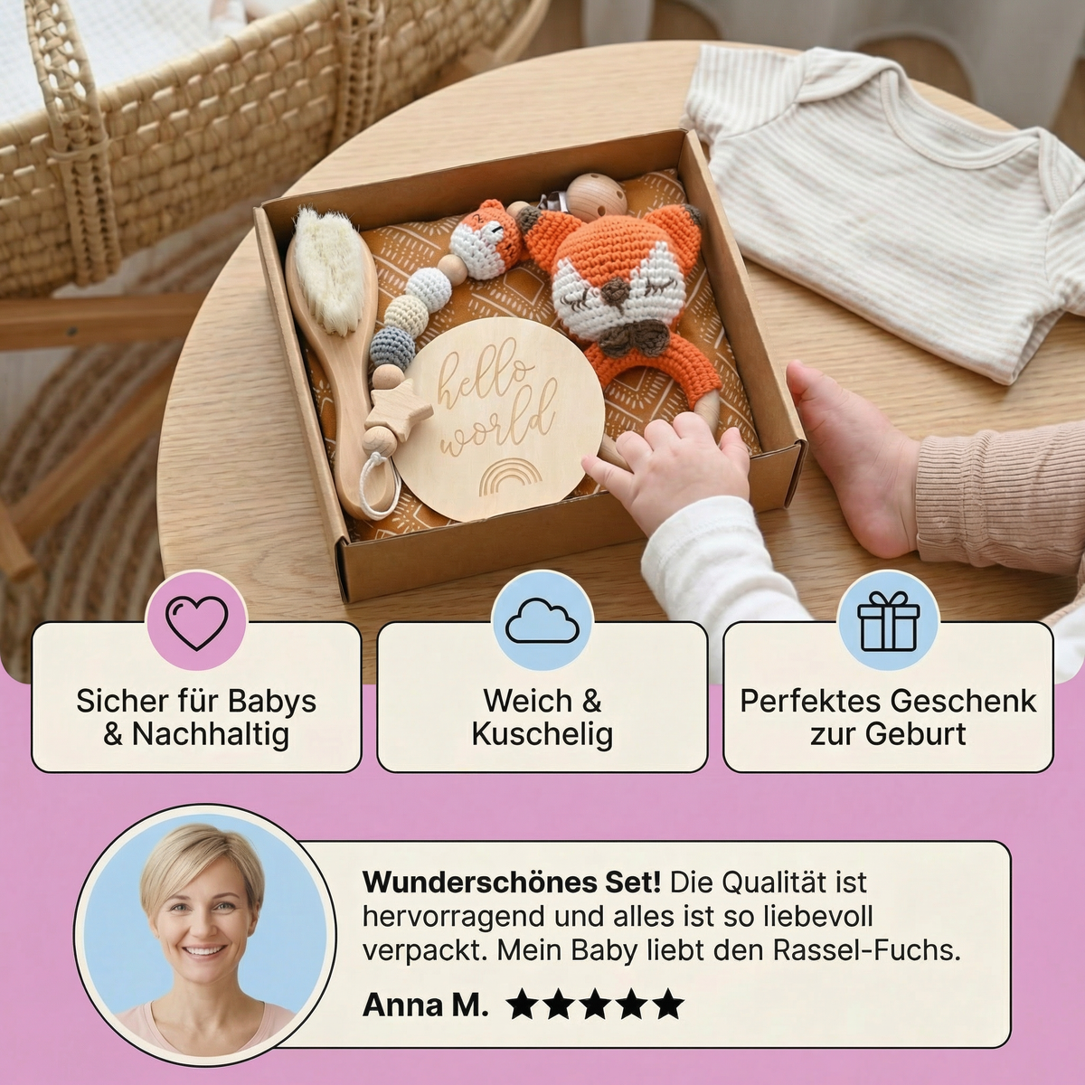 Neugeborenen Geschenkbox – Häkel-Tier Rassel, Holzspielzeug, Musselin Decke & Schnullerkette