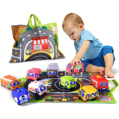 2in1 Sensorische Plüsch Spielzeug Autos mit Straßenmatte und Tasche für Unterwegs