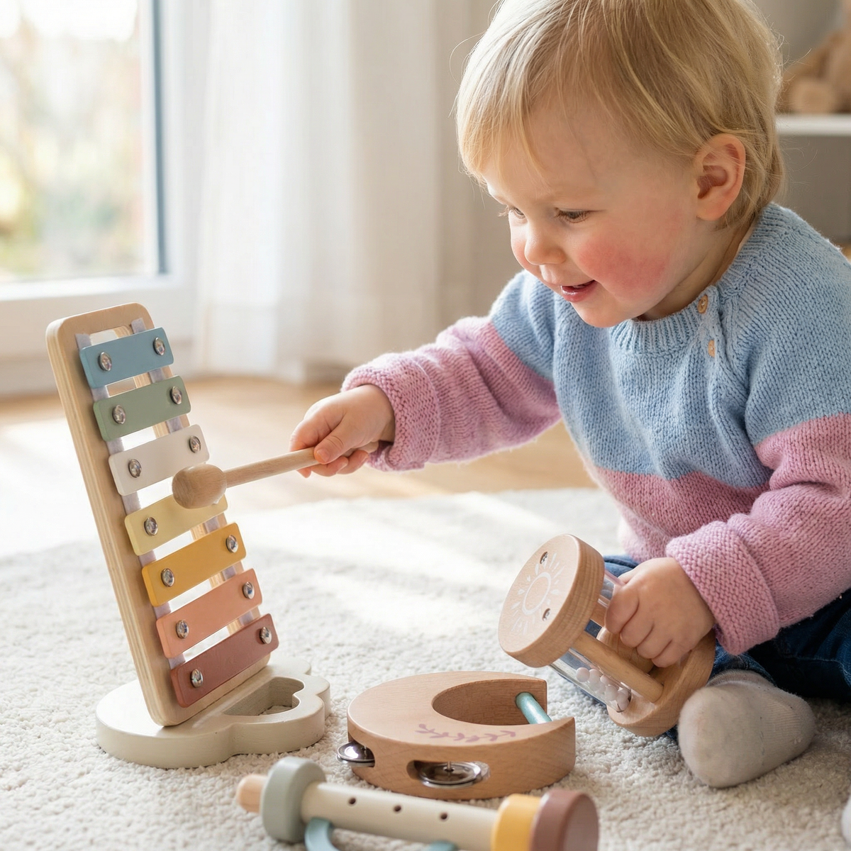 Baby Holz-Klangspiel Set – 6-teiliges sensorisches Musik- & Klangspielzeug