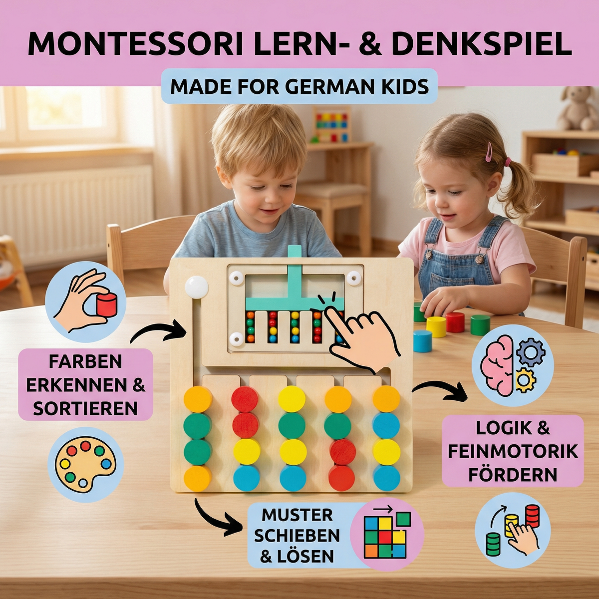 Vierfarben Logik Sortierspiel aus Holz – Montessori Lern- & Denkspiel für Kinder