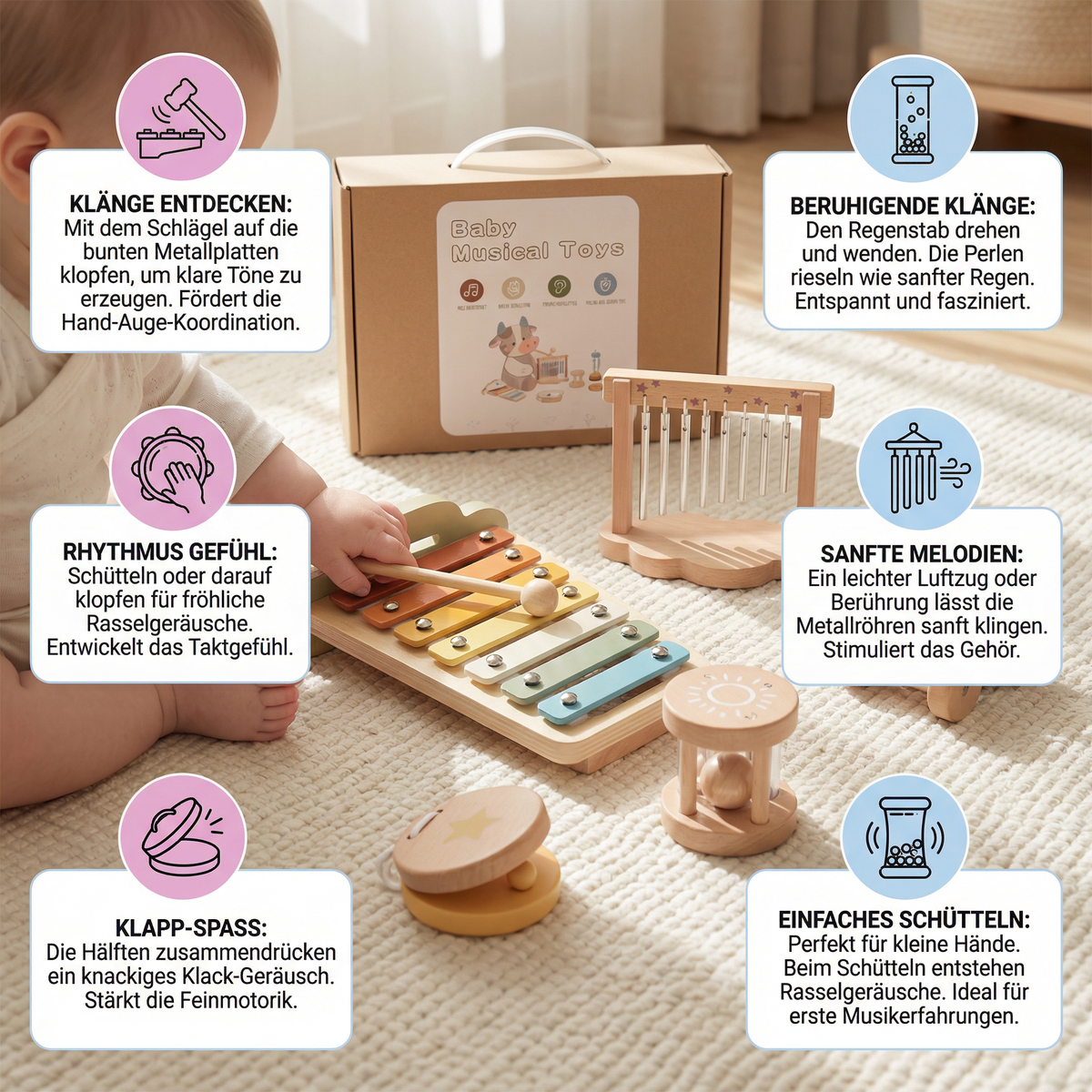 Baby Holz-Klangspiel Set – 6-teiliges sensorisches Musik- & Klangspielzeug
