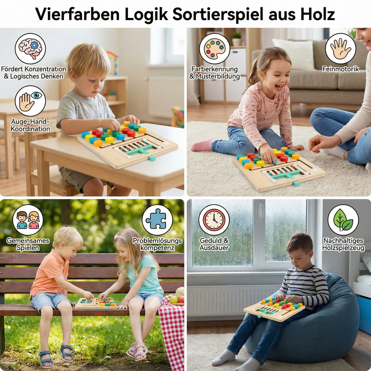 Vierfarben Logik Sortierspiel aus Holz – Montessori Lern- & Denkspiel für Kinder