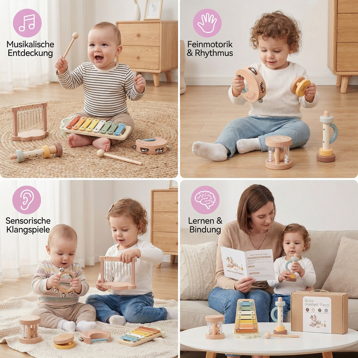 Baby Holz-Klangspiel Set – 6-teiliges sensorisches Musik- & Klangspielzeug