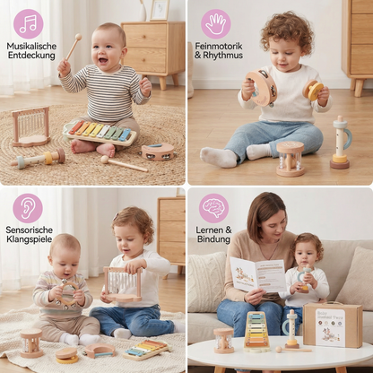 Baby Holz-Klangspiel Set – 6-teiliges sensorisches Musik- & Klangspielzeug