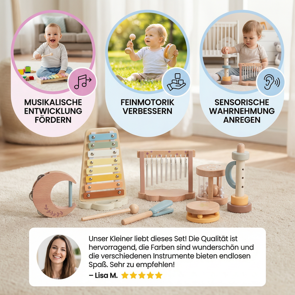 Baby Holz-Klangspiel Set – 6-teiliges sensorisches Musik- & Klangspielzeug