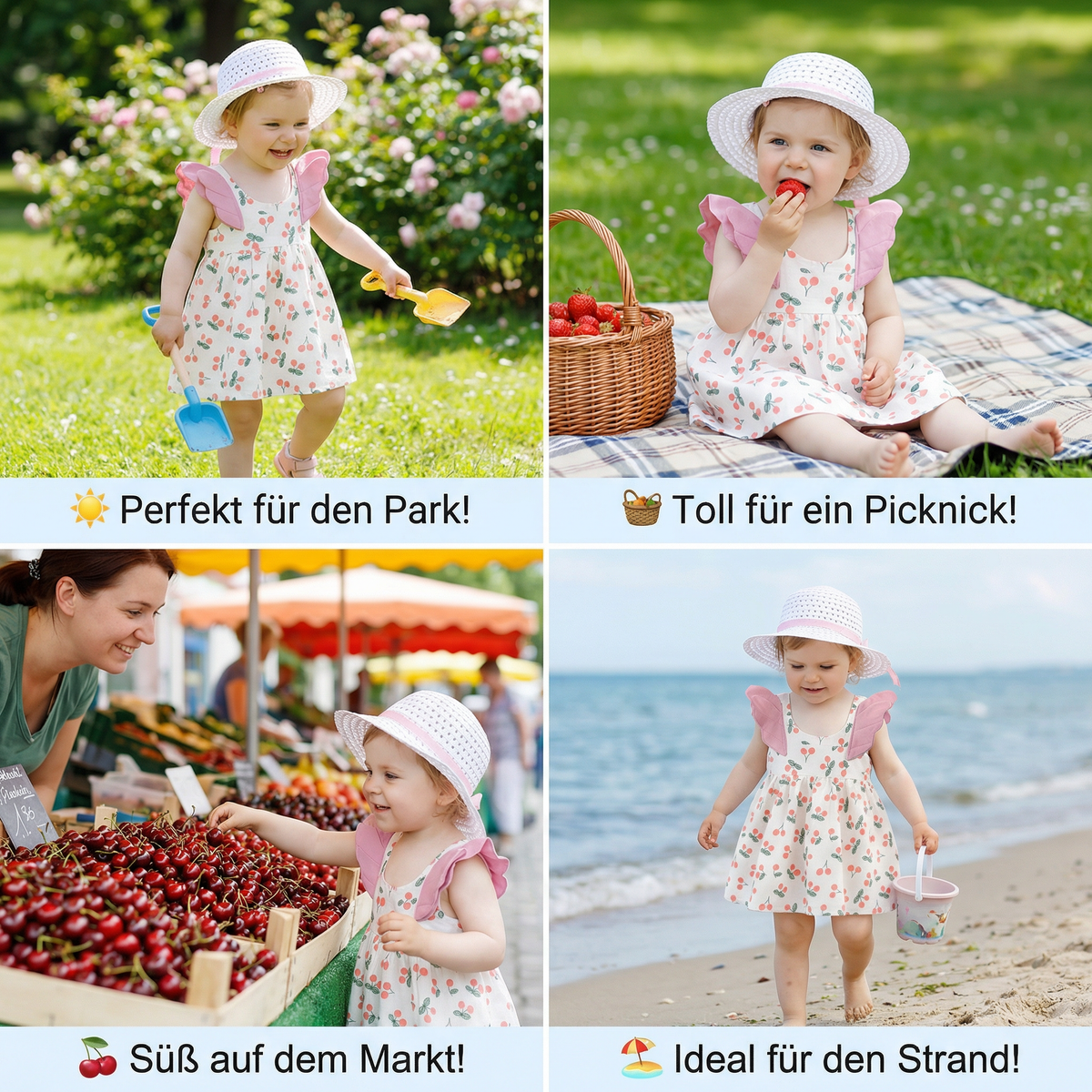 Sommerliches 2in1 Set Mädchenkleid mit Kirschmuster im Koreanischen Stil inkl Strohhut