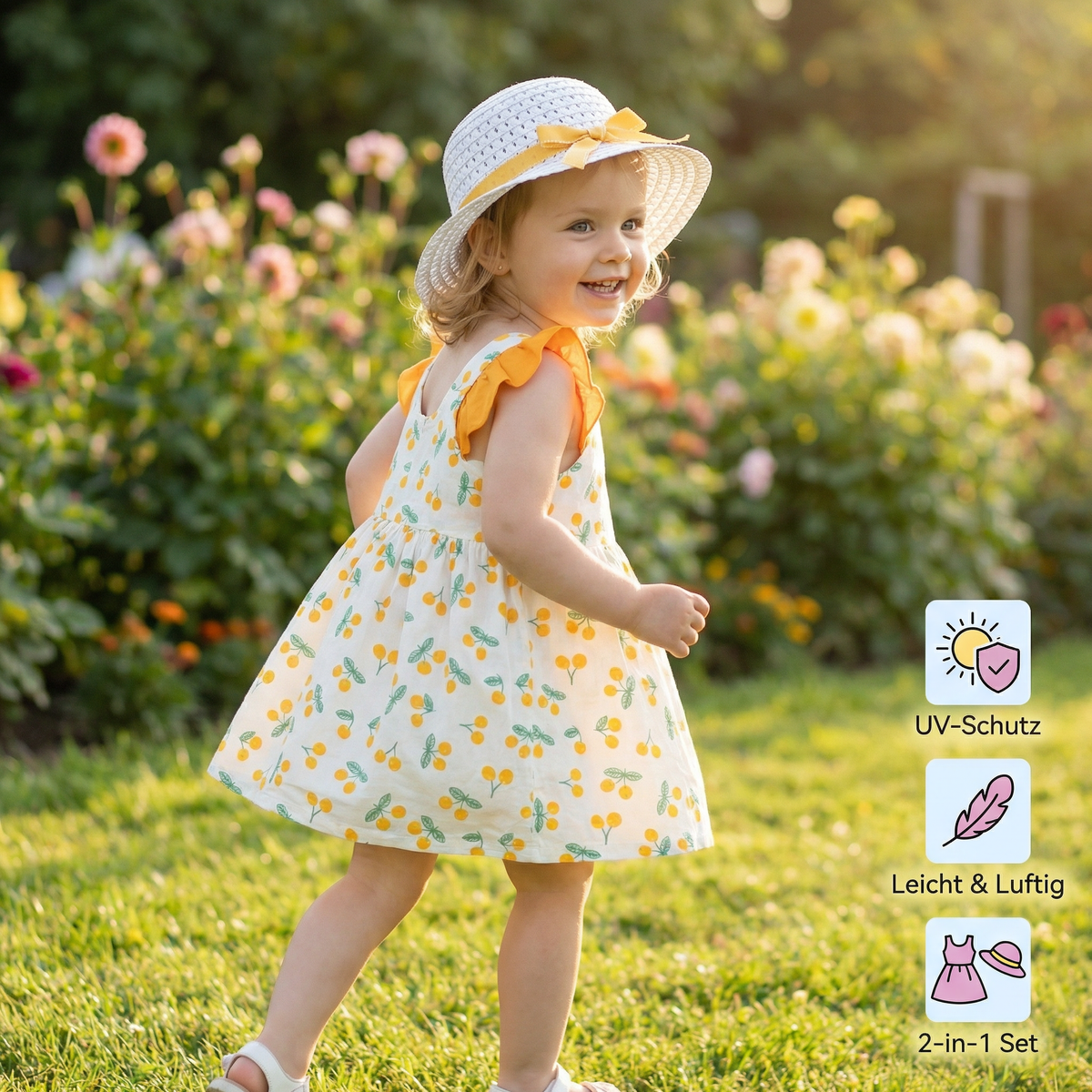 Sommerliches 2in1 Set Mädchenkleid mit Kirschmuster im Koreanischen Stil inkl Strohhut