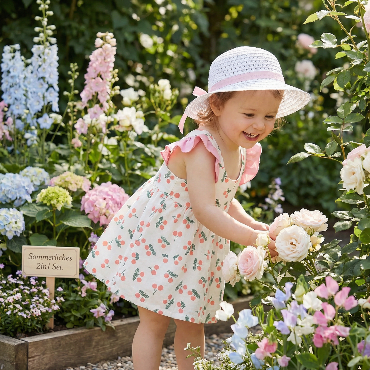 Sommerliches 2in1 Set Mädchenkleid mit Kirschmuster im Koreanischen Stil inkl Strohhut