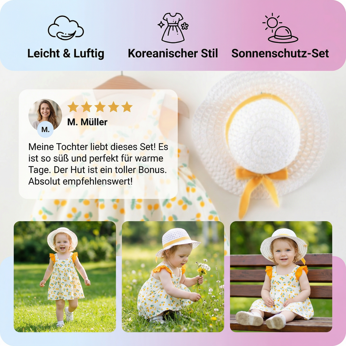 Sommerliches 2in1 Set Mädchenkleid mit Kirschmuster im Koreanischen Stil inkl Strohhut