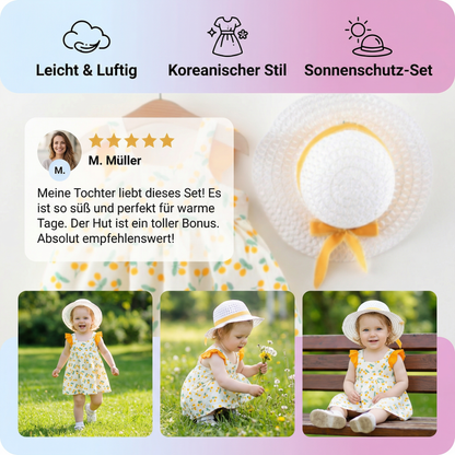 Sommerliches 2in1 Set Mädchenkleid mit Kirschmuster im Koreanischen Stil inkl Strohhut