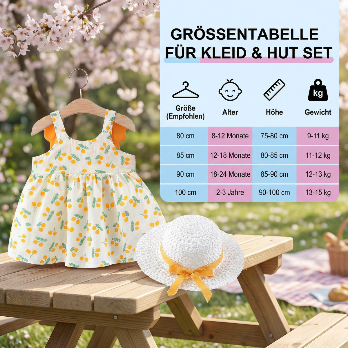 Sommerliches 2in1 Set Mädchenkleid mit Kirschmuster im Koreanischen Stil inkl Strohhut