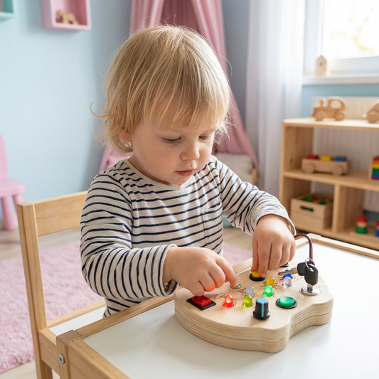 LED Controller Busy Board aus Holz – Montessori Lernspielzeug zur Förderung von Motorik