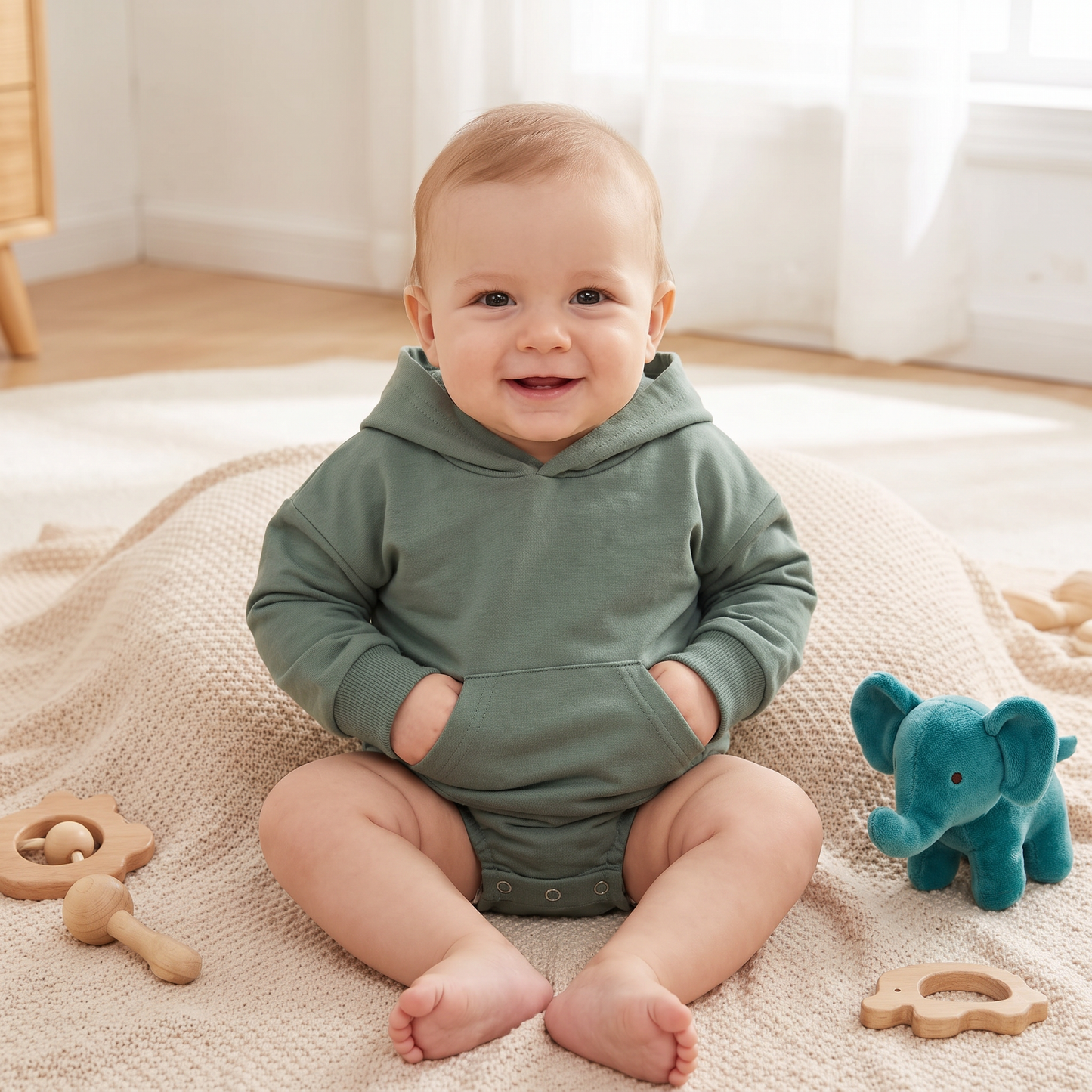 Baby-Strampler mit Kapuze – Weicher Langarm-Einteiler mit Fronttasche