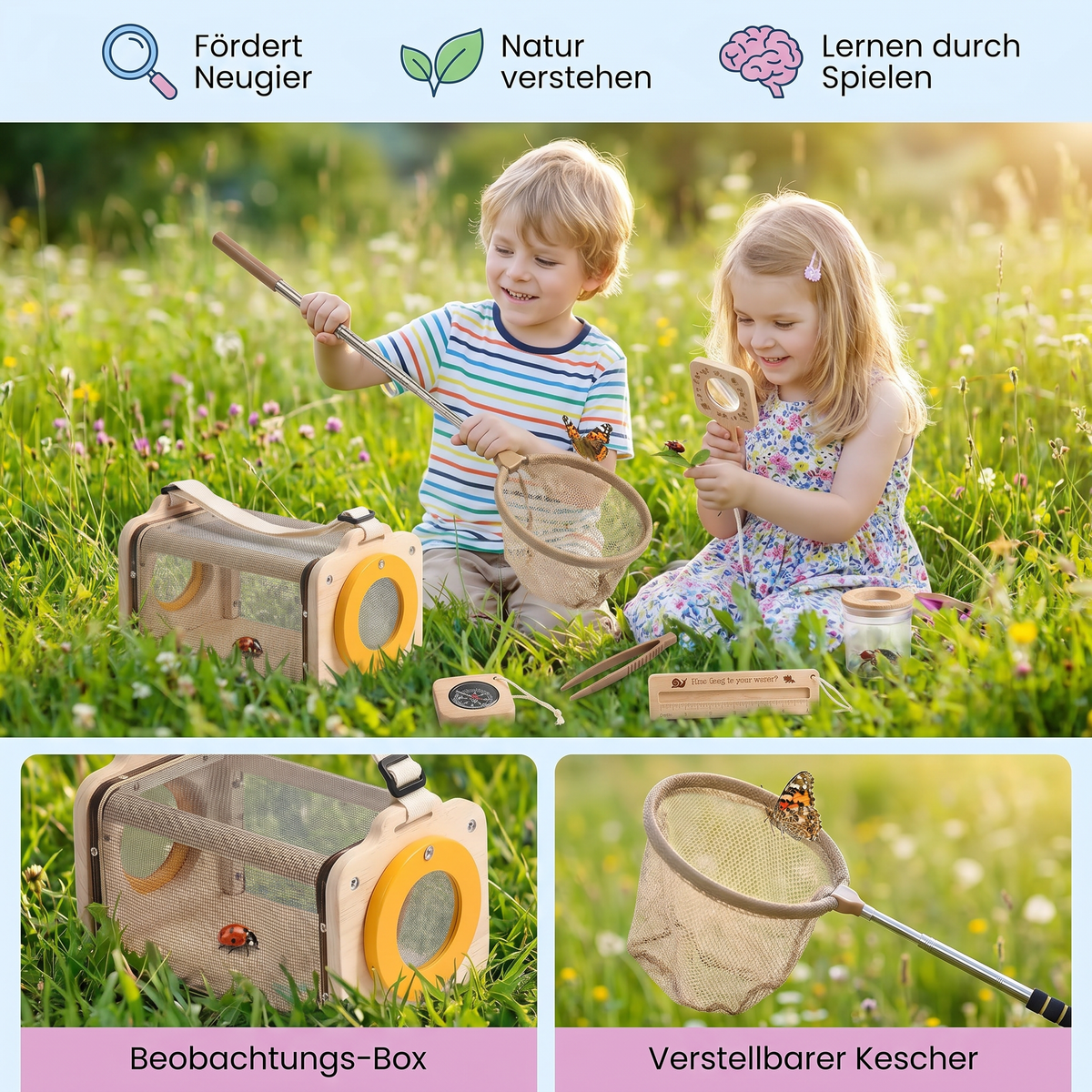Kinder Natur Entdecker Set mit Kescher Lupe und Kompass