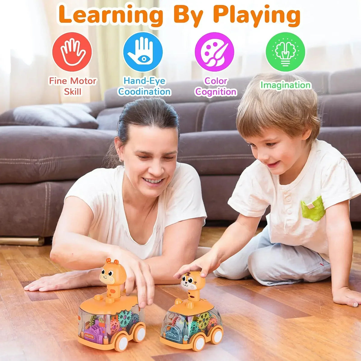 Transparentes Turbo-Spielzeugauto mit Lichtern und Zahnrädern – Interaktives Kinderfahrzeug