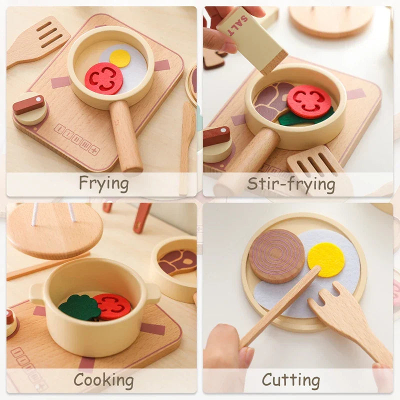 Holz-Spielküchen-Set für Kinder – Mini-Köche Set mit Bratpfanne, Zutaten und Zubehör