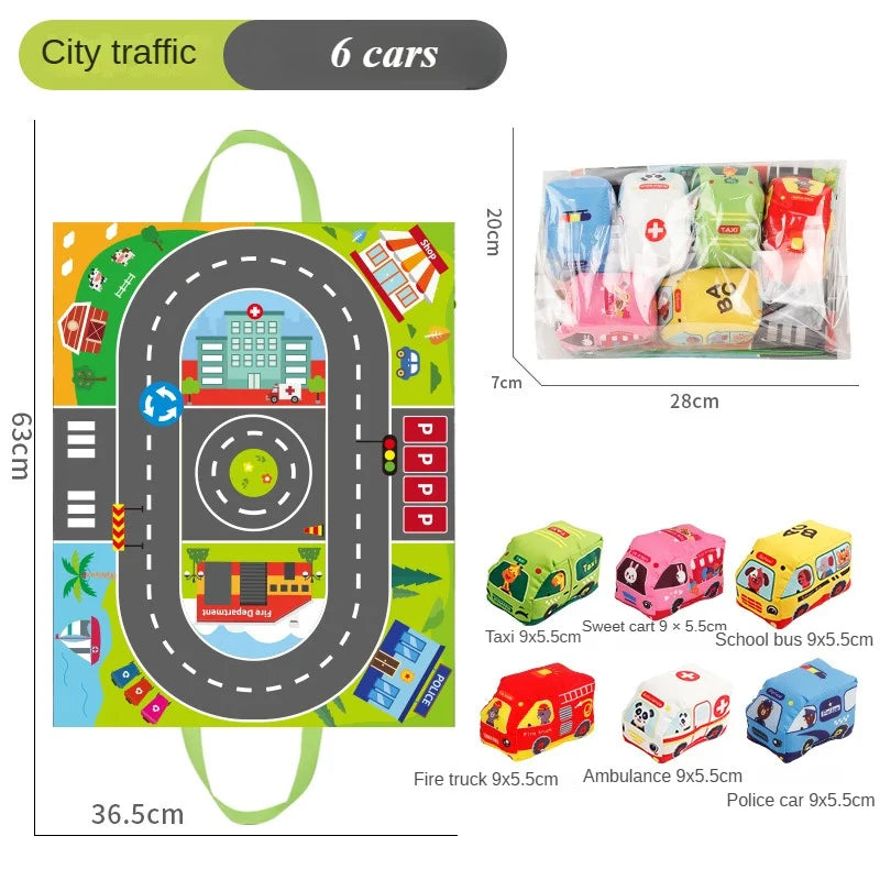 Cartoon-Abenteuer – Auto-Spielmatte mit Stofffahrzeugen für Kinder