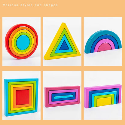 Buntes Entdecken – Regenbogen-Stapelspielzeug aus Holz für Kinder