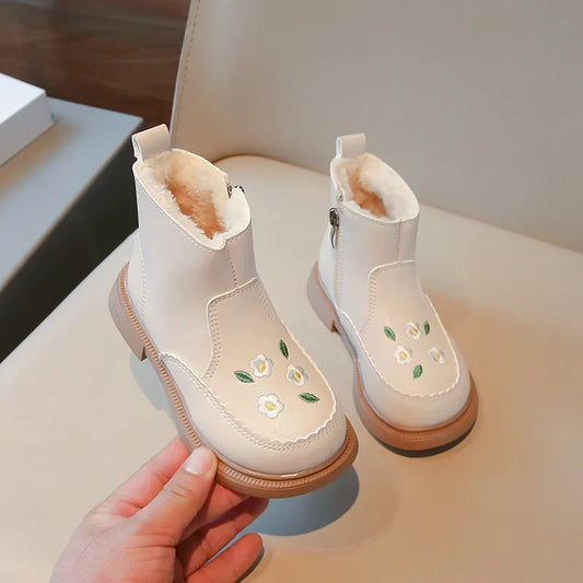 Warm & Bequem – Kinderstiefel mit Blumenstickerei und Reißverschluss