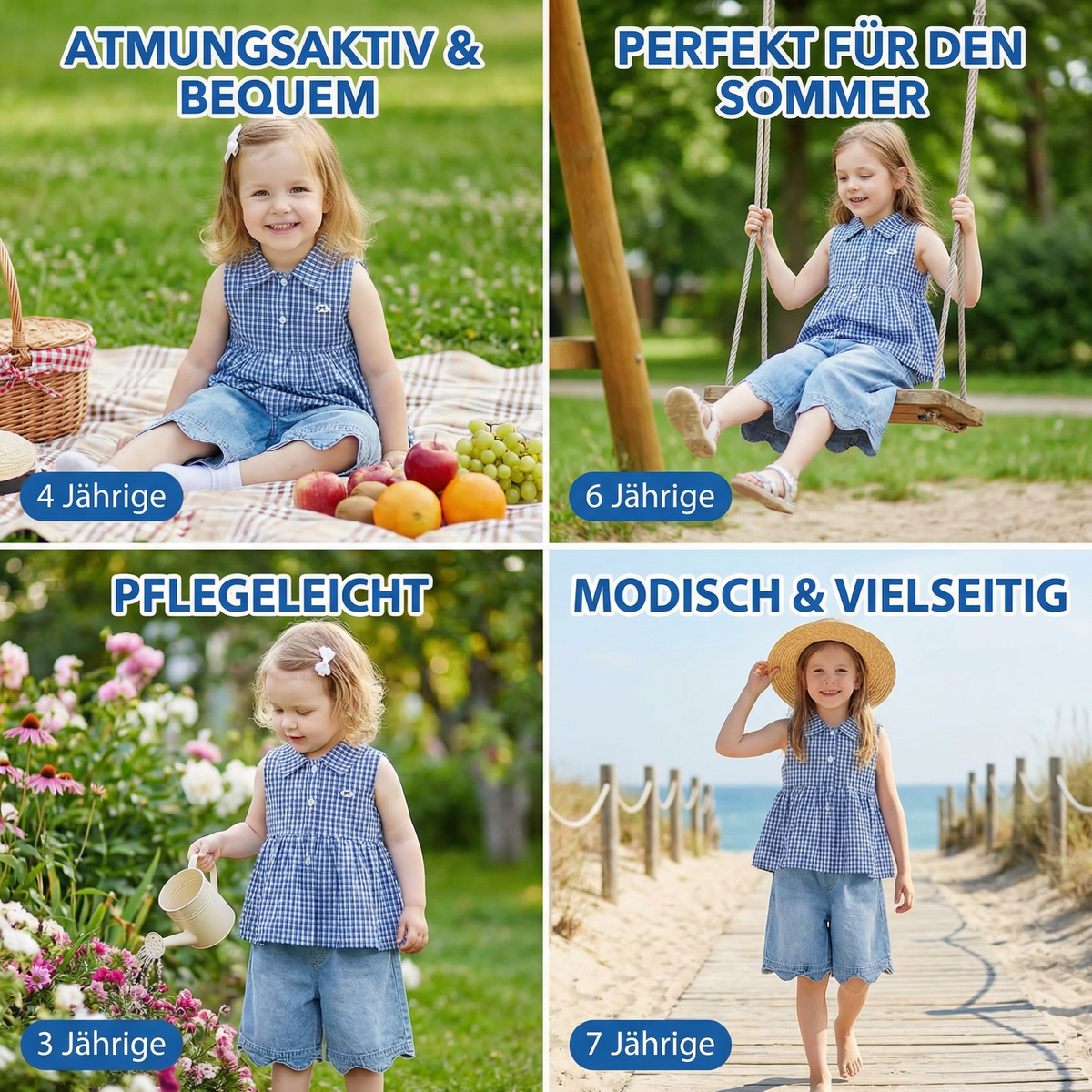 Frühlings- & Sommerliches 2-teiliges Mädchen-Set – Kariertes Top aus Baumwollmix mit vielseitiger Jeanshose