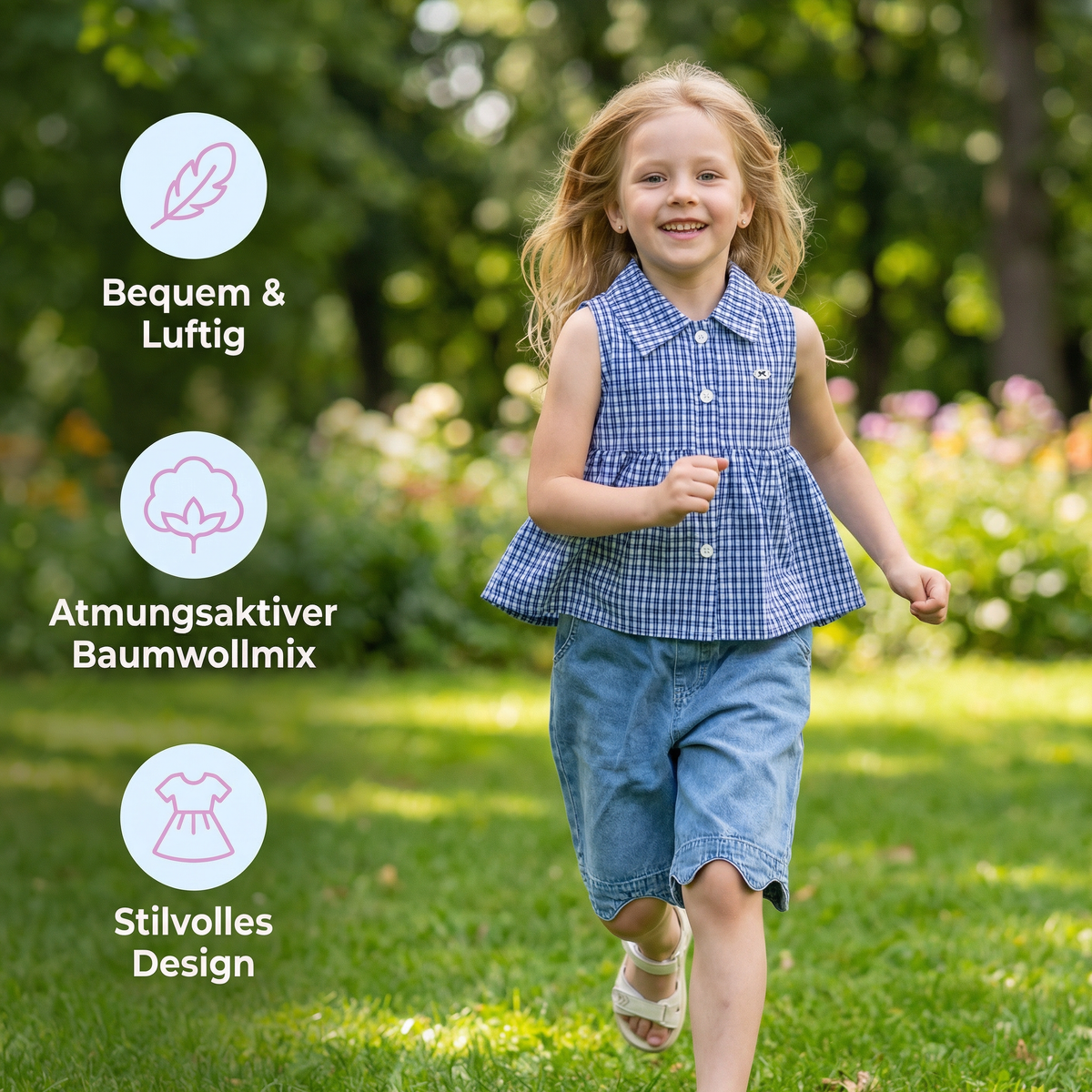 Frühlings- & Sommerliches 2-teiliges Mädchen-Set – Kariertes Top aus Baumwollmix mit vielseitiger Jeanshose