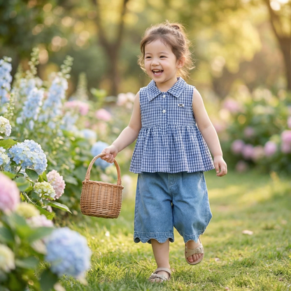 Frühlings- & Sommerliches 2-teiliges Mädchen-Set – Kariertes Top aus Baumwollmix mit vielseitiger Jeanshose