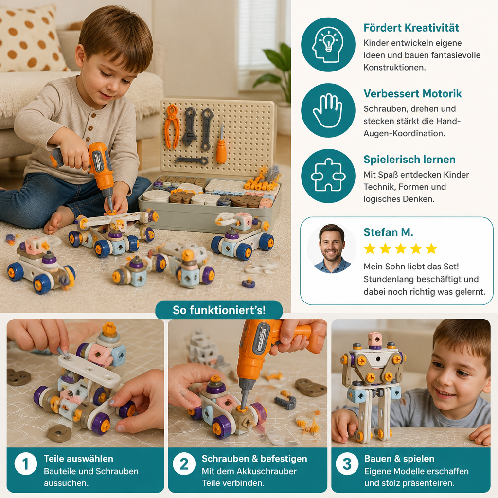 DIY-Werkzeugset für Kinder mit elektrischem Bohrer – MINT-Bauset