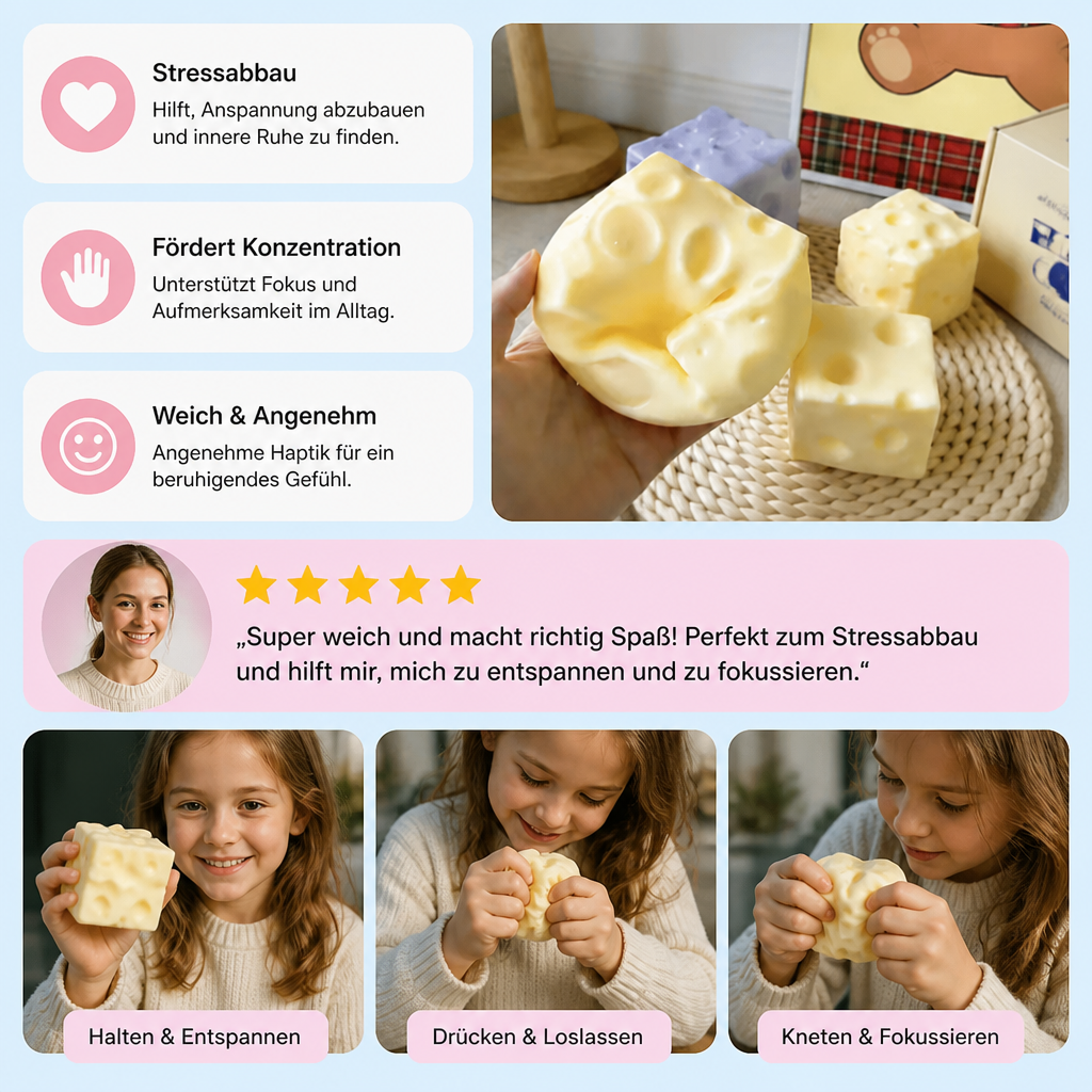 Weicher Käse-Stressball – Weiches, formbares ASMR-Fidget-Spielzeug zum Abbau von Stress und Ängsten