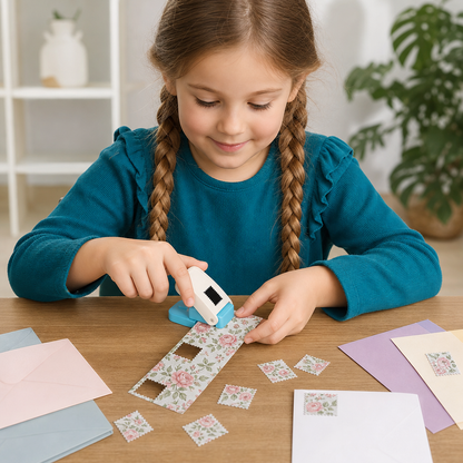 DIY-Papierstanzer im Briefmarken-Design für Kinderbasteleien