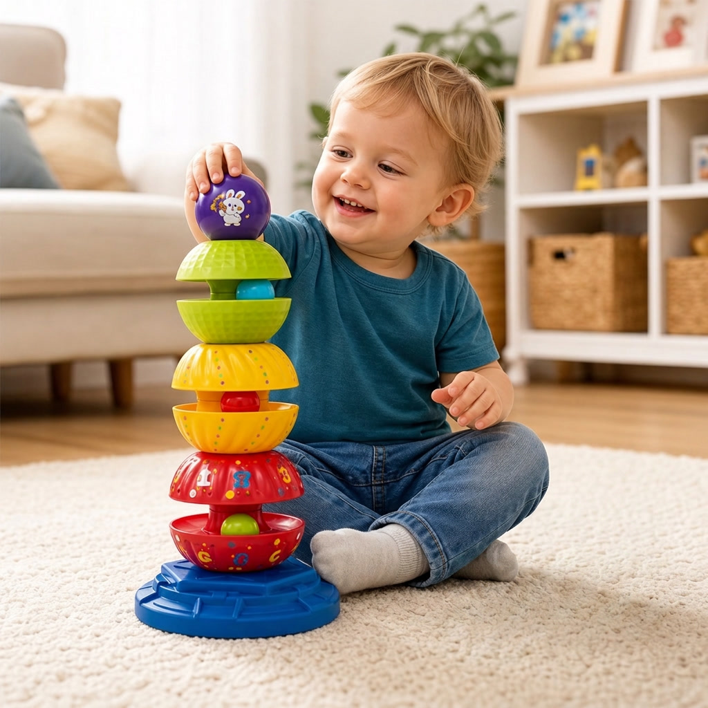 2-in-1 interaktiver drehbarer Stapel- & Ballfallturm mit Rassel für Kinder