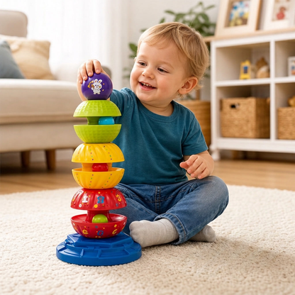 2-in-1 interaktiver drehbarer Stapel- & Ballfallturm mit Rassel für Kinder