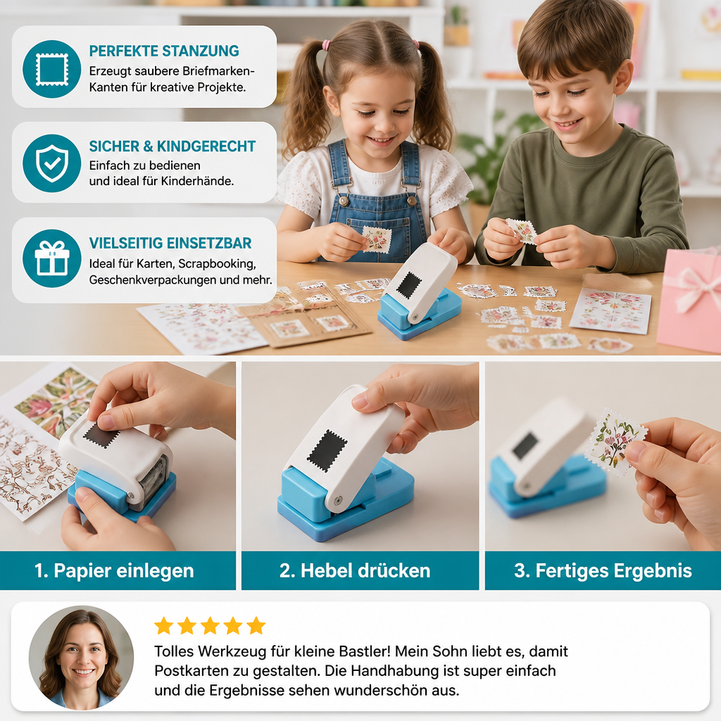 DIY-Papierstanzer im Briefmarken-Design für Kinderbasteleien