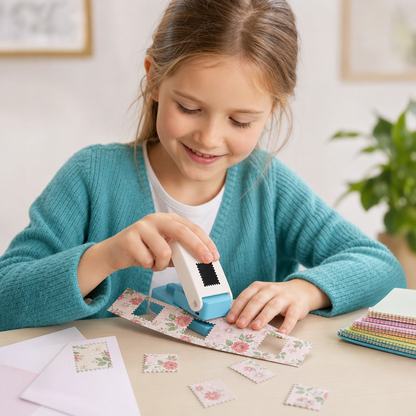 DIY-Papierstanzer im Briefmarken-Design für Kinderbasteleien