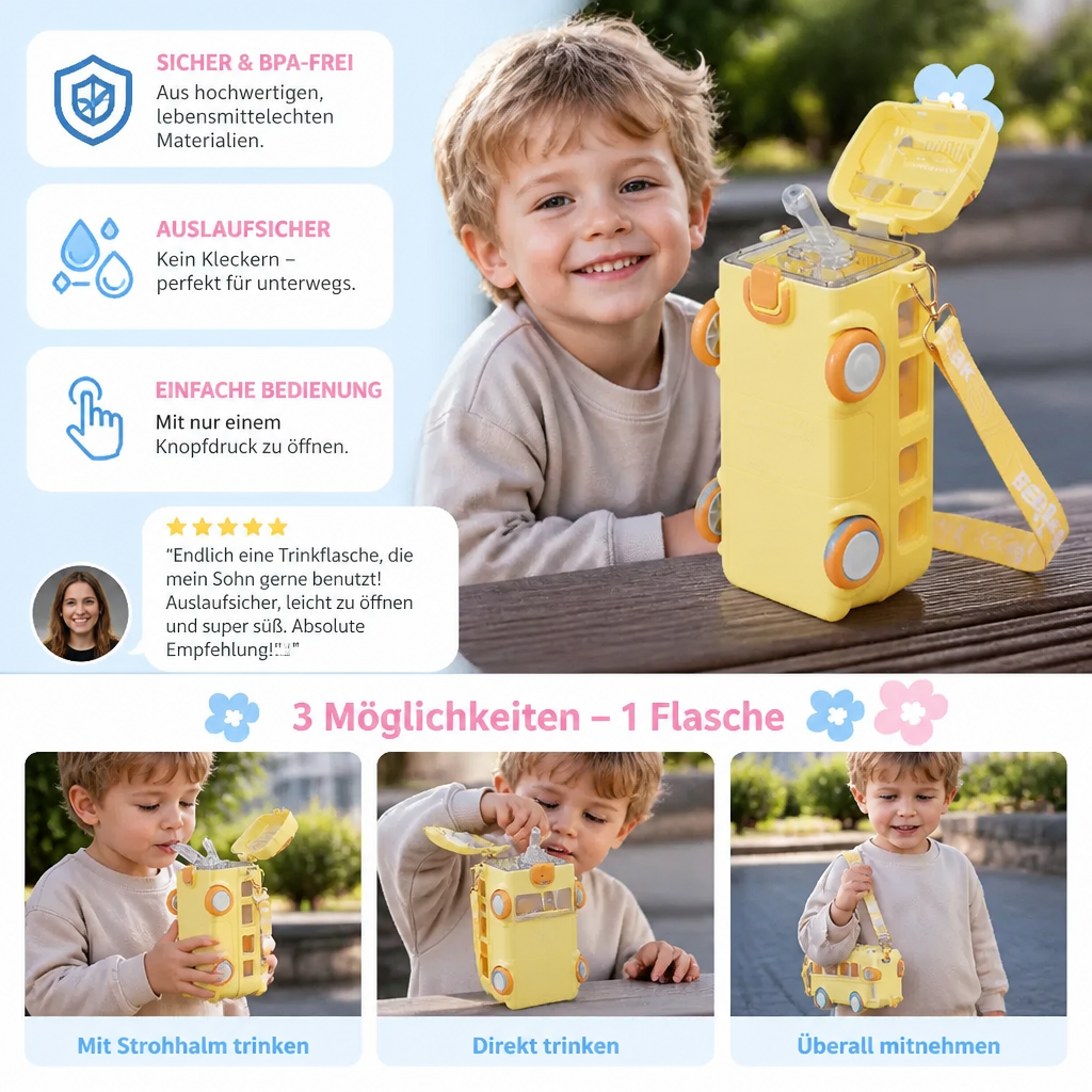 Kinder Trinkflasche im Bus Design mit Strohhalm und Verstellbarem Trageband