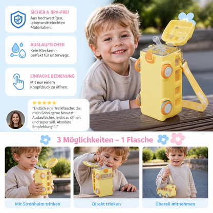 Kinder Trinkflasche im Bus Design mit Strohhalm und Verstellbarem Trageband