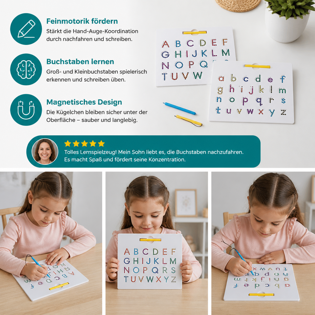2-in-1 Magnetische Buchstaben-Nachfahrtafel zum Üben von Groß- & Kleinbuchstaben