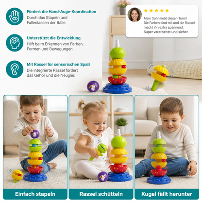 2-in-1 interaktiver drehbarer Stapel- & Ballfallturm mit Rassel für Kinder