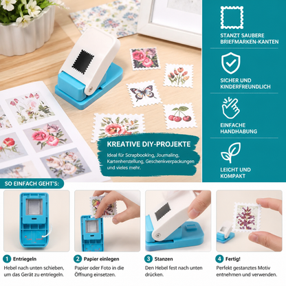 DIY-Papierstanzer im Briefmarken-Design für Kinderbasteleien