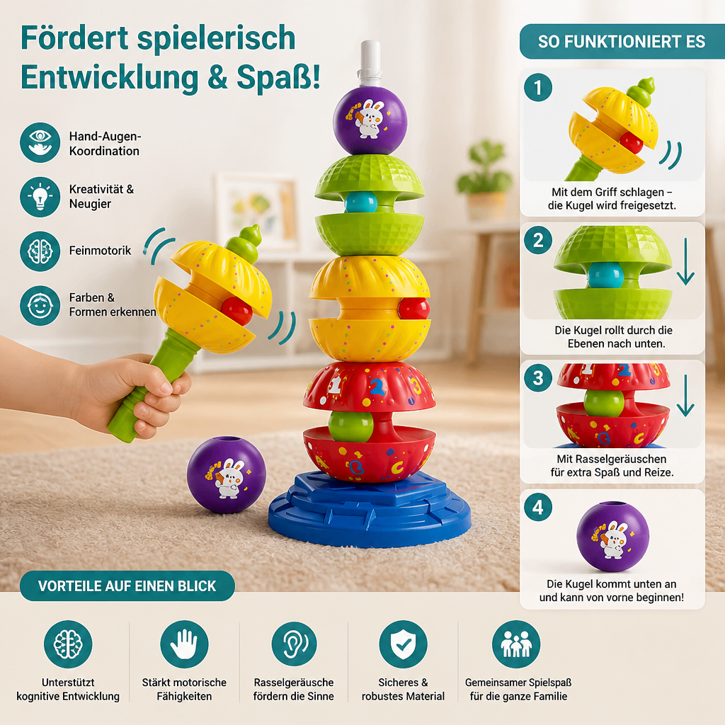 2-in-1 interaktiver drehbarer Stapel- & Ballfallturm mit Rassel für Kinder