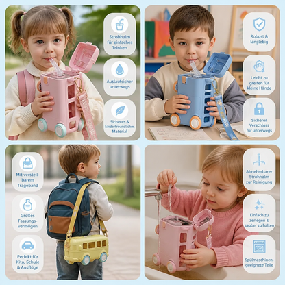 Kinder Trinkflasche im Bus Design mit Strohhalm und Verstellbarem Trageband