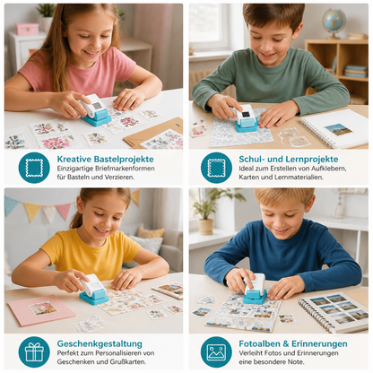 DIY-Papierstanzer im Briefmarken-Design für Kinderbasteleien