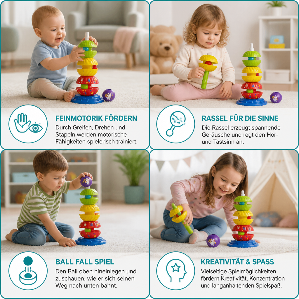 2-in-1 interaktiver drehbarer Stapel- & Ballfallturm mit Rassel für Kinder