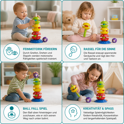 2-in-1 interaktiver drehbarer Stapel- & Ballfallturm mit Rassel für Kinder