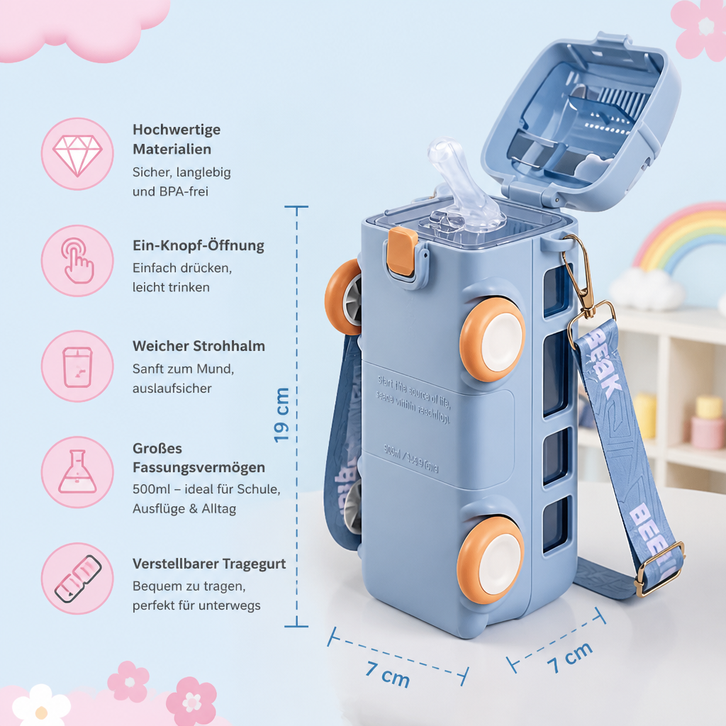 Kinder Trinkflasche im Bus Design mit Strohhalm und Verstellbarem Trageband