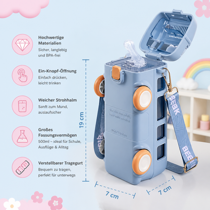Kinder Trinkflasche im Bus Design mit Strohhalm und Verstellbarem Trageband