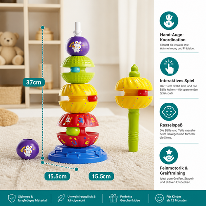 2-in-1 interaktiver drehbarer Stapel- & Ballfallturm mit Rassel für Kinder