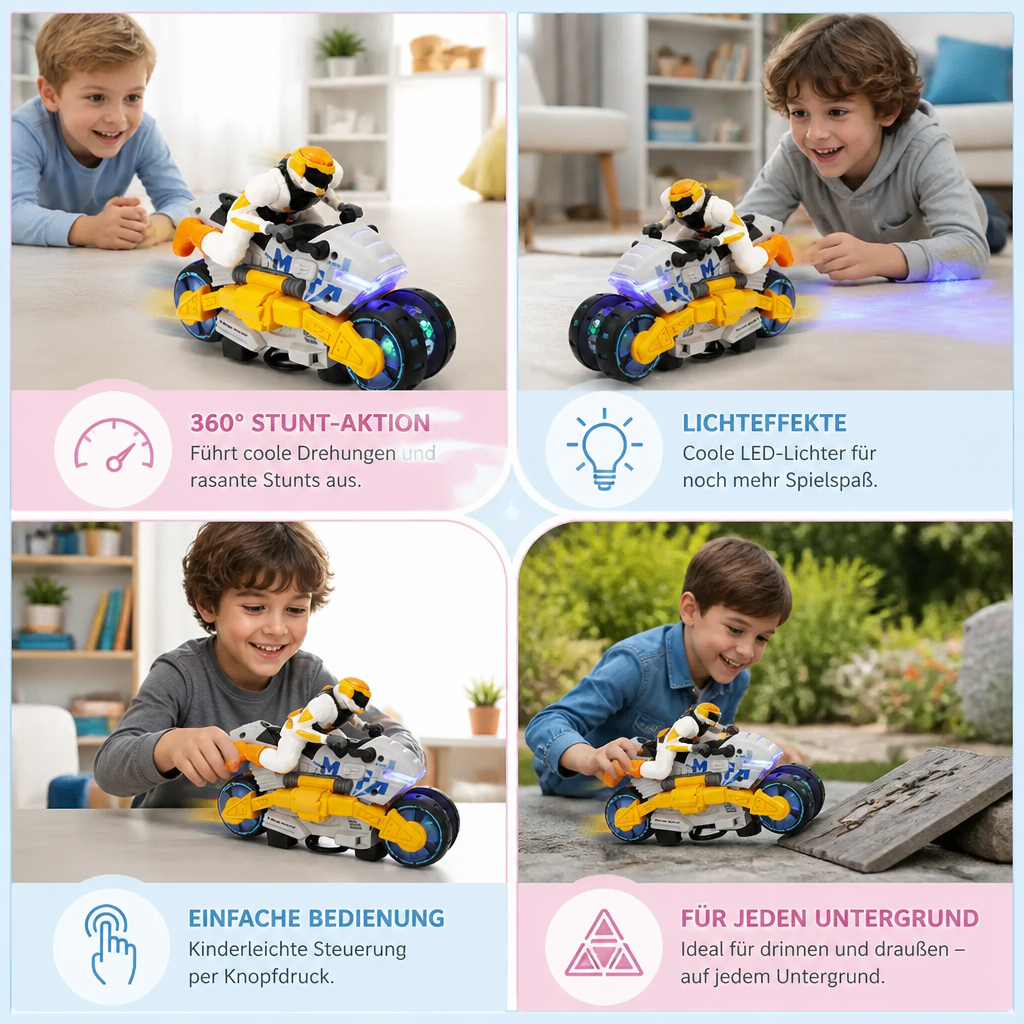 Verwandelbares Stunt Motorrad Spielzeug für Kinder mit 360 Grad Drehfunktion