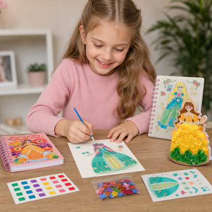 4-in-1 Feenprinzessin-Kunstset für Kinder mit Diamond Painting, Stecktechnik, Stickerei & Aquarell