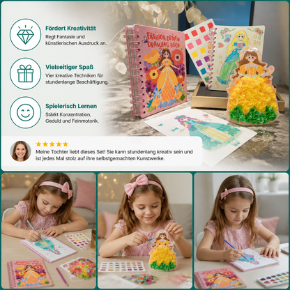 4-in-1 Feenprinzessin-Kunstset für Kinder mit Diamond Painting, Stecktechnik, Stickerei & Aquarell